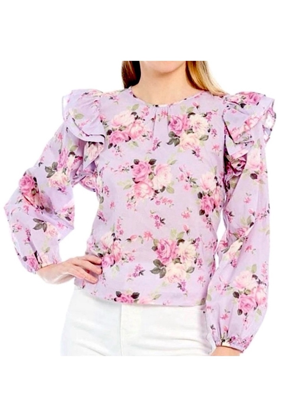 Chelsea & Violet Floral Flutter Sleeve Ruffle Top Purple Pink XS Coquette Femme